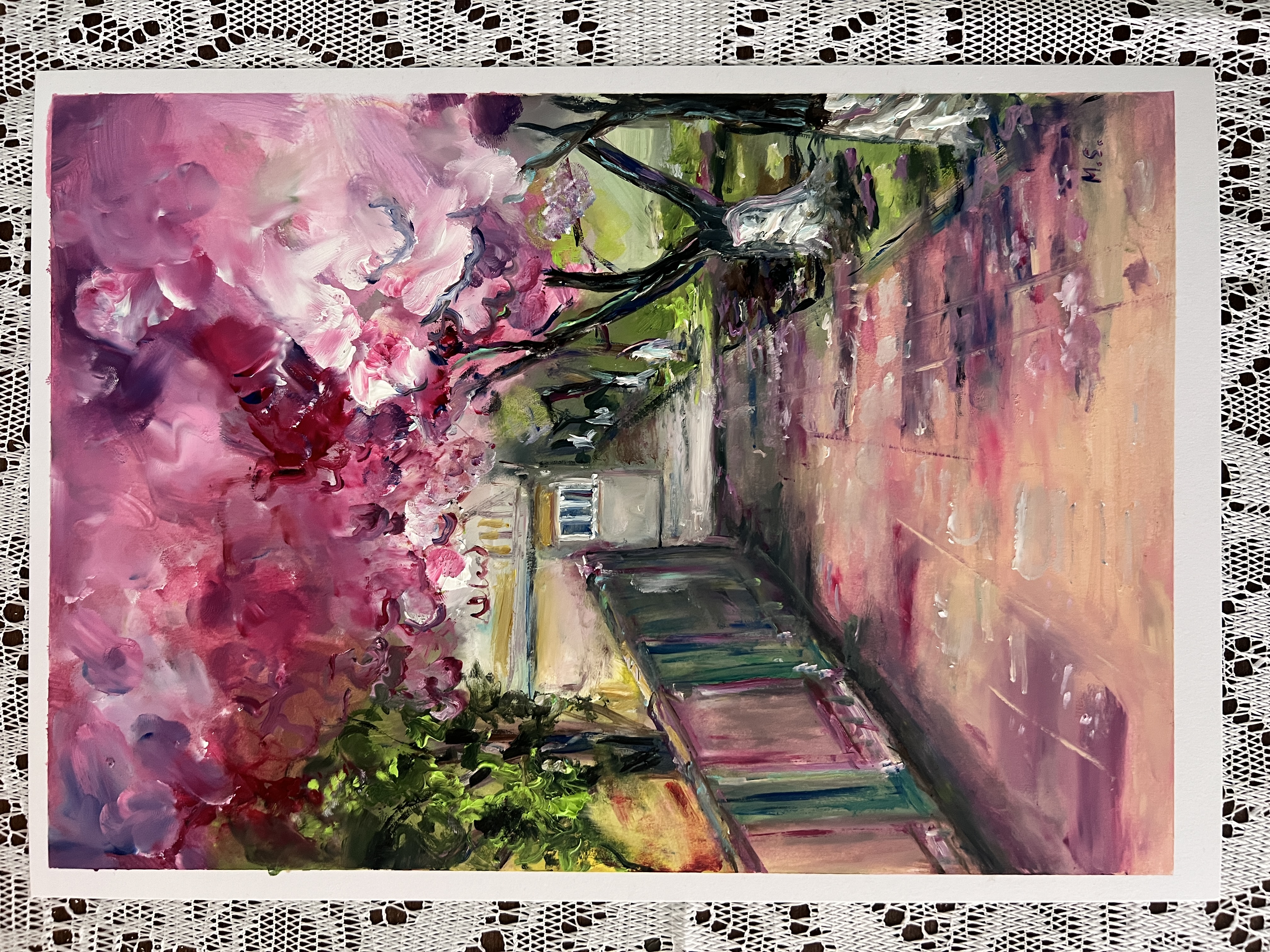 Cherry Trees Bloom in Uzhhorod — original painting by Marina Stognieva, oil on paper, 21 × 30 cm, 2026